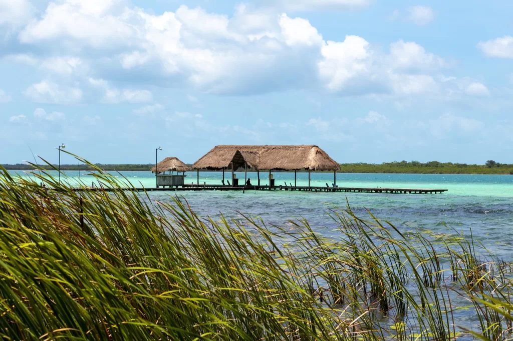 laguna, palapa, water Bacalar Mexico