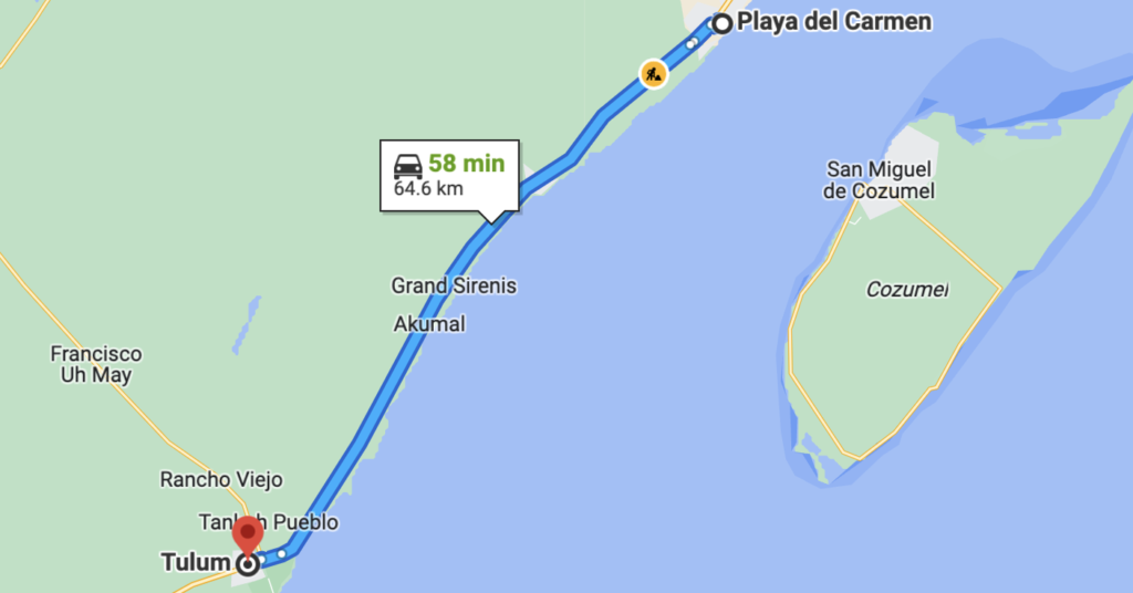 Map of how to get from playa del carmen to tulum