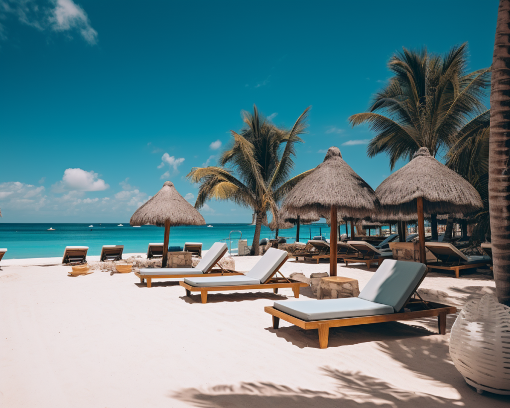 Playa del Carmen Nightlife. A picturesque view of a beach club in Playa Del Carmen, with a line of stylish lounge chairs stretching towards the sparkling turquoise waters of the Caribbean Sea. The image portrays an inviting oasis for daytime partying, complete with a pool, bar, and tropical palms swaying in the ocean breeze