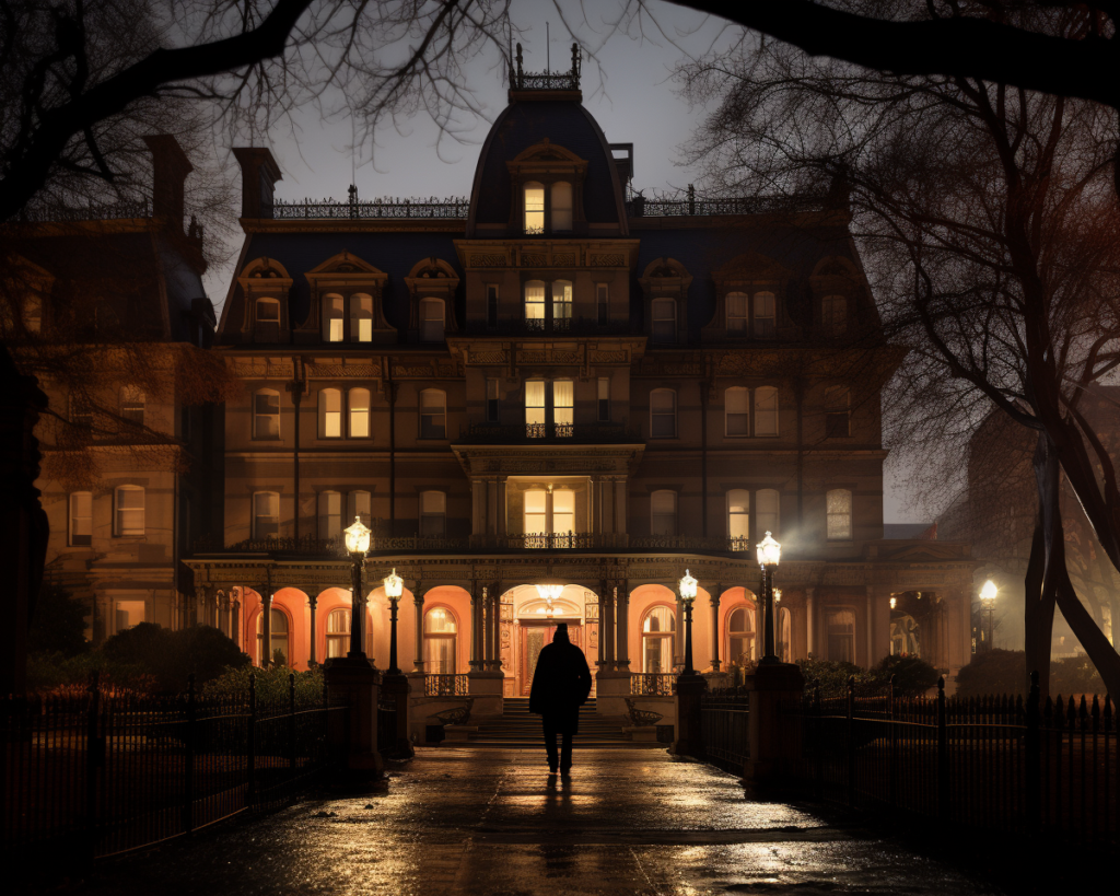 man walking in front of a Haunted Hotels in New Orleans