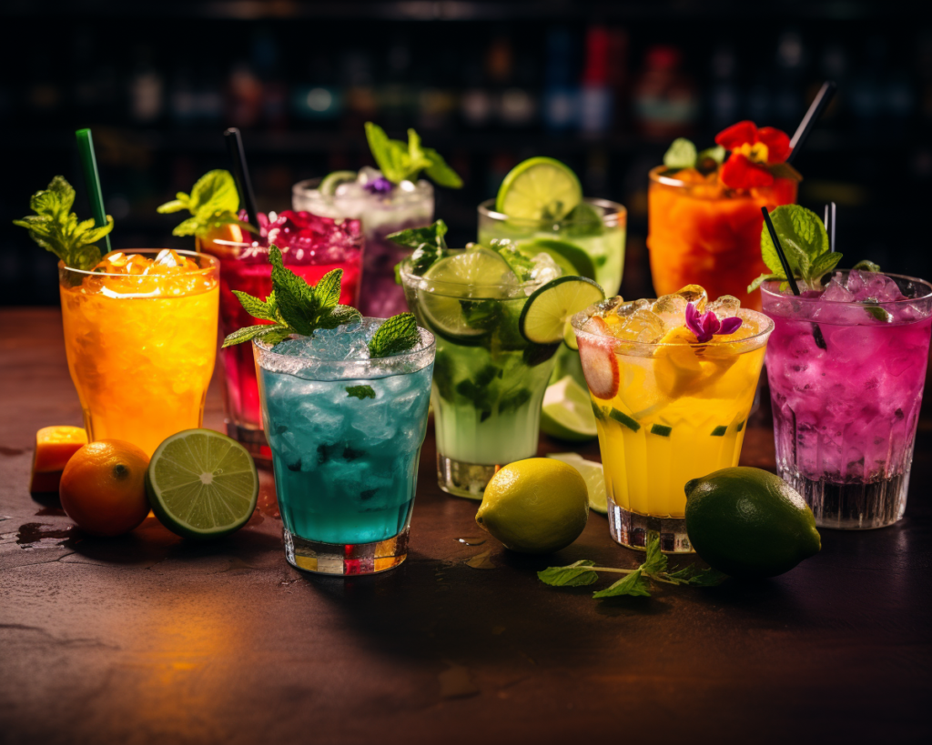 A collage of colorful cocktails from different bars in Playa Del Carmen, each one meticulously garnished with fruits, herbs, and exotic flowers.