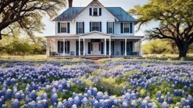 Home with bluebonnets in texas