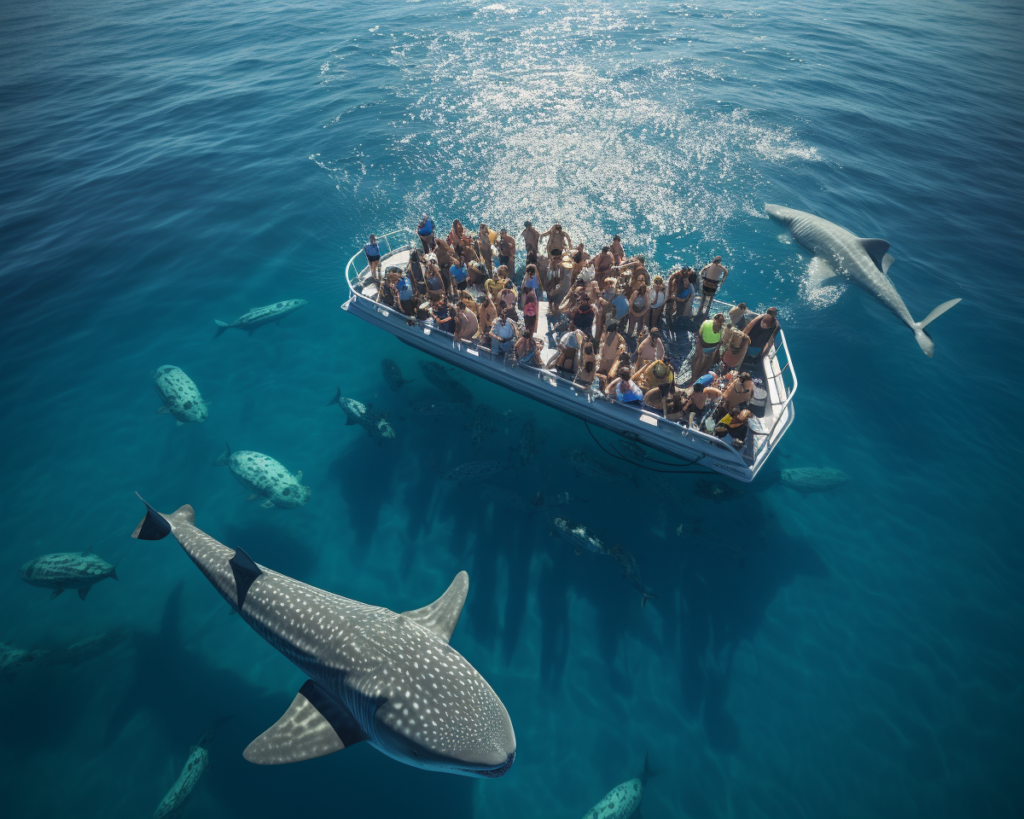  An aerial shot of a boat filled with excited tourists heading out into the open sea whale sharks cancun