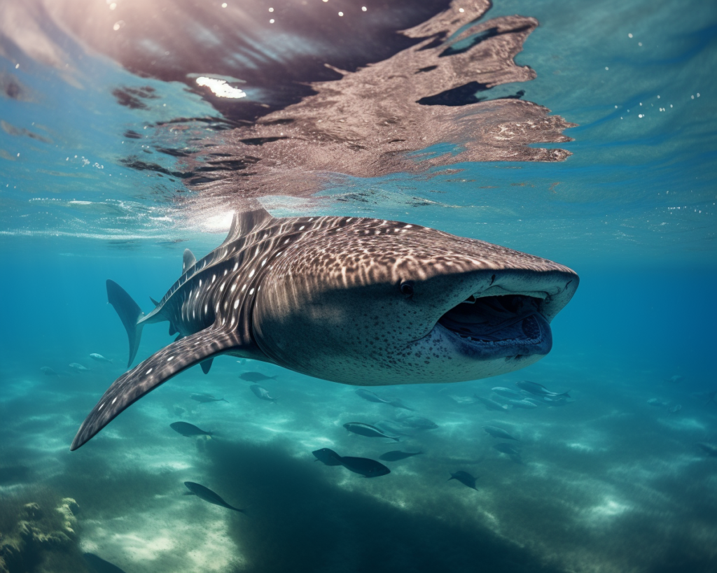 panoramic view of the crystal clear turquoise waters of the Mexican Caribbean Sea, with a massive whale shark gracefully swimming just below the surface of cancun