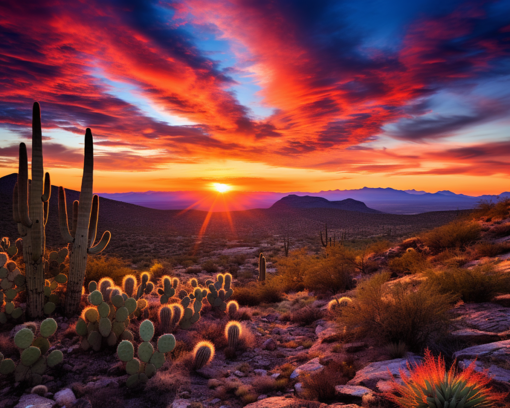 panoramic view of a desert landscape in Mexico during sunset. The sky is filled with vibrant hues of orange, pink, and purple, casting a warm glow over the sandy terrain.