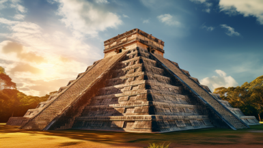 A panoramic image of the majestic Mayan ruins of Chichen Itza, with the iconic El Castillo pyramid dominating the foreground. The ruins are bathed in warm, golden sunlight, and tourists can be seen exploring the ancient structures,