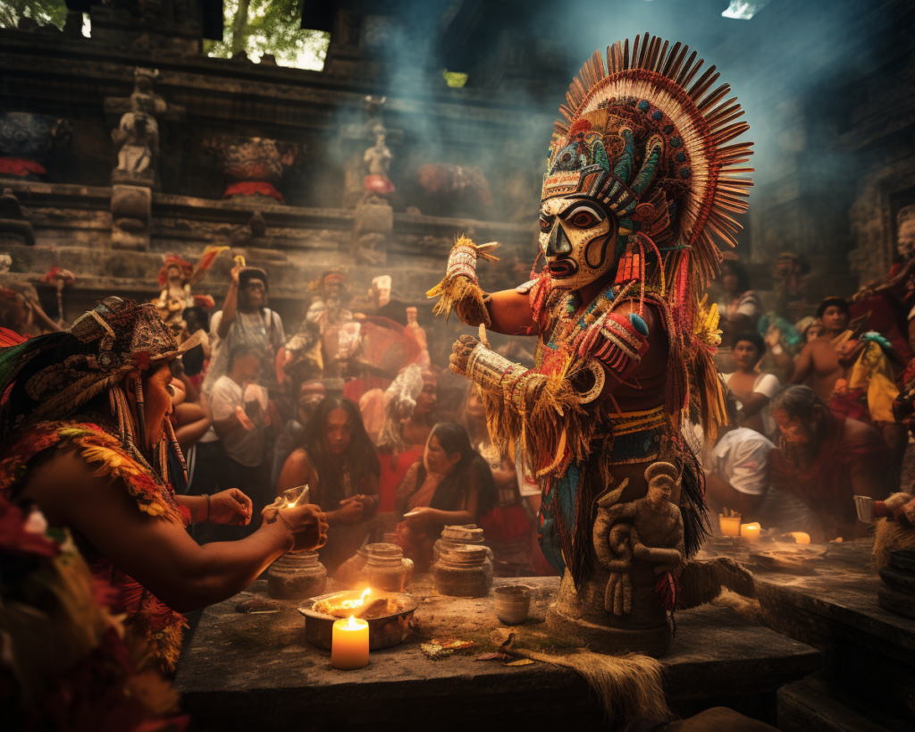 Celebration at a Mayan ceremony: The cover image portrays a vibrant and lively scene of a Mayan ceremony. 