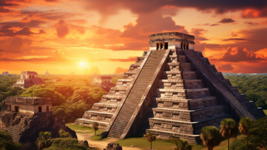 Pyramid of mayan empire on map