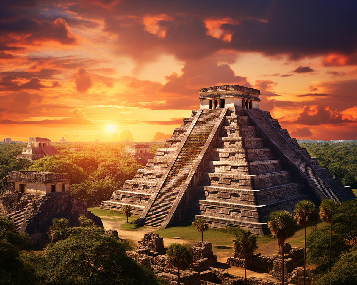 Pyramid of mayan empire on map