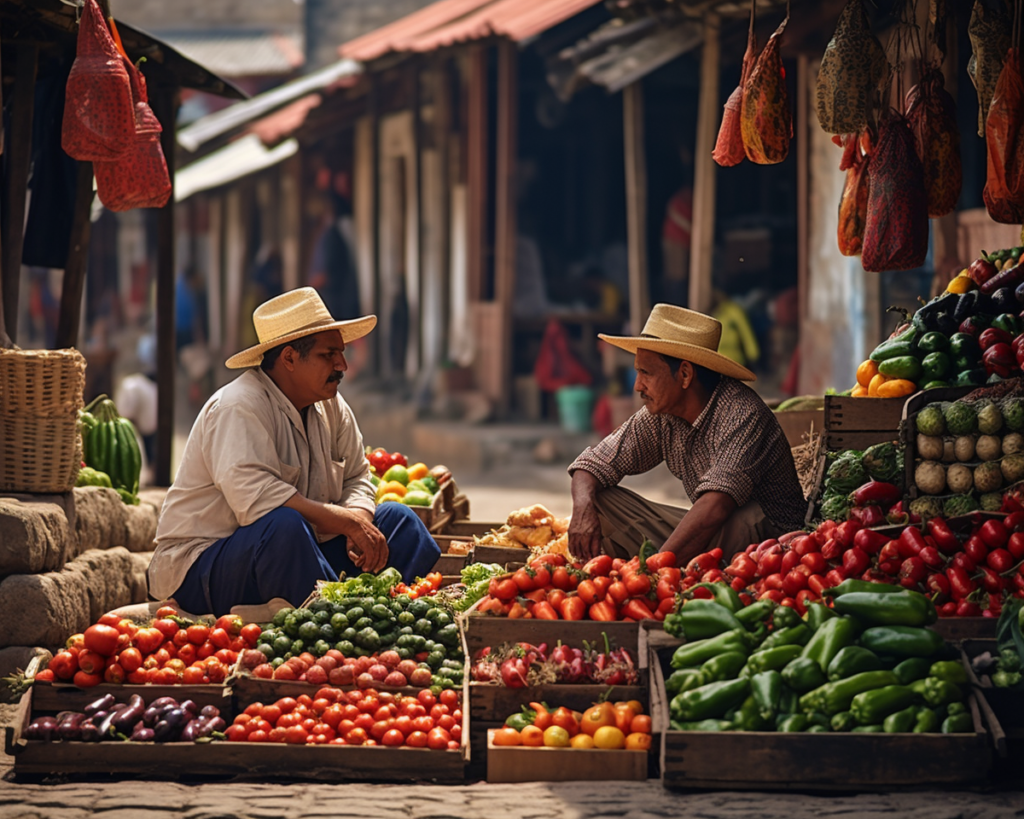 traditional Mexican market, with vibrant fruits and vegetables displayed on rustic wooden crates. Two locals wearing sombreros are seen engaged in a lively conversation, while tourists browse the array of goods