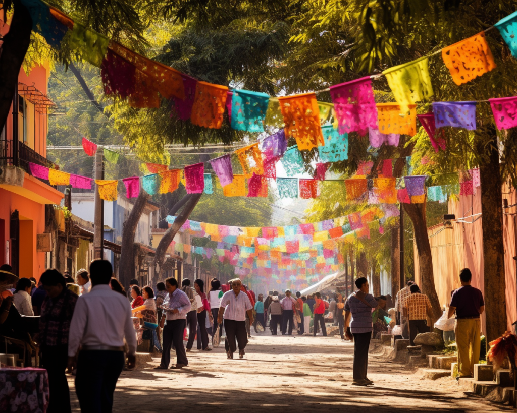 An image of a traditional Mexican village during a festive celebration in October. Colorful papel picado banners hang across the streets, creating a vibrant and lively atmosphere.