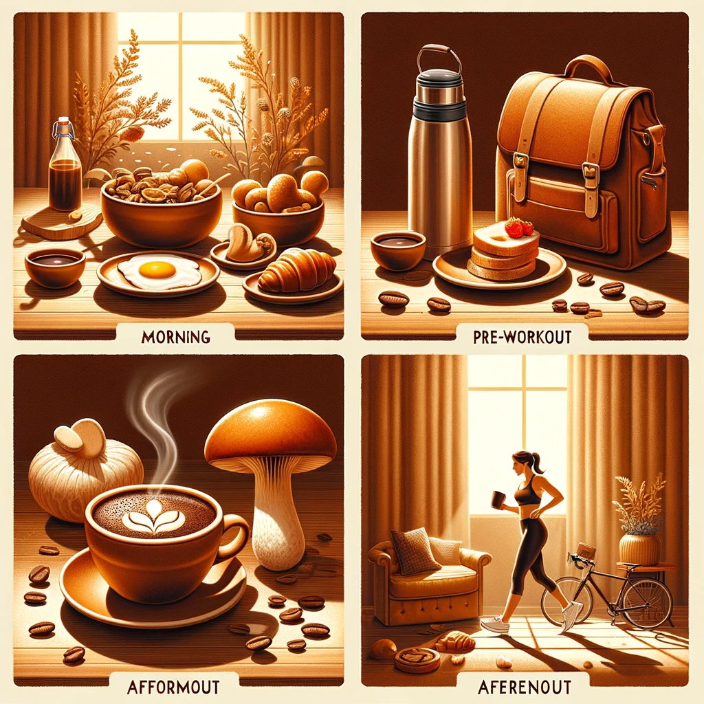 various ways to incorporate mushroom coffee into daily life. The image showcases different scenarios: a morning setup with a cup of mushroom coffee and a breakfast spread, a pre-workout scene with a gym bag and a mushroom coffee thermos, and an afternoon relaxation moment with a cozy chair and a cup of mushroom coffee. This image conveys the versatility and enjoyment of integrating mushroom coffee into various aspects of daily routines.