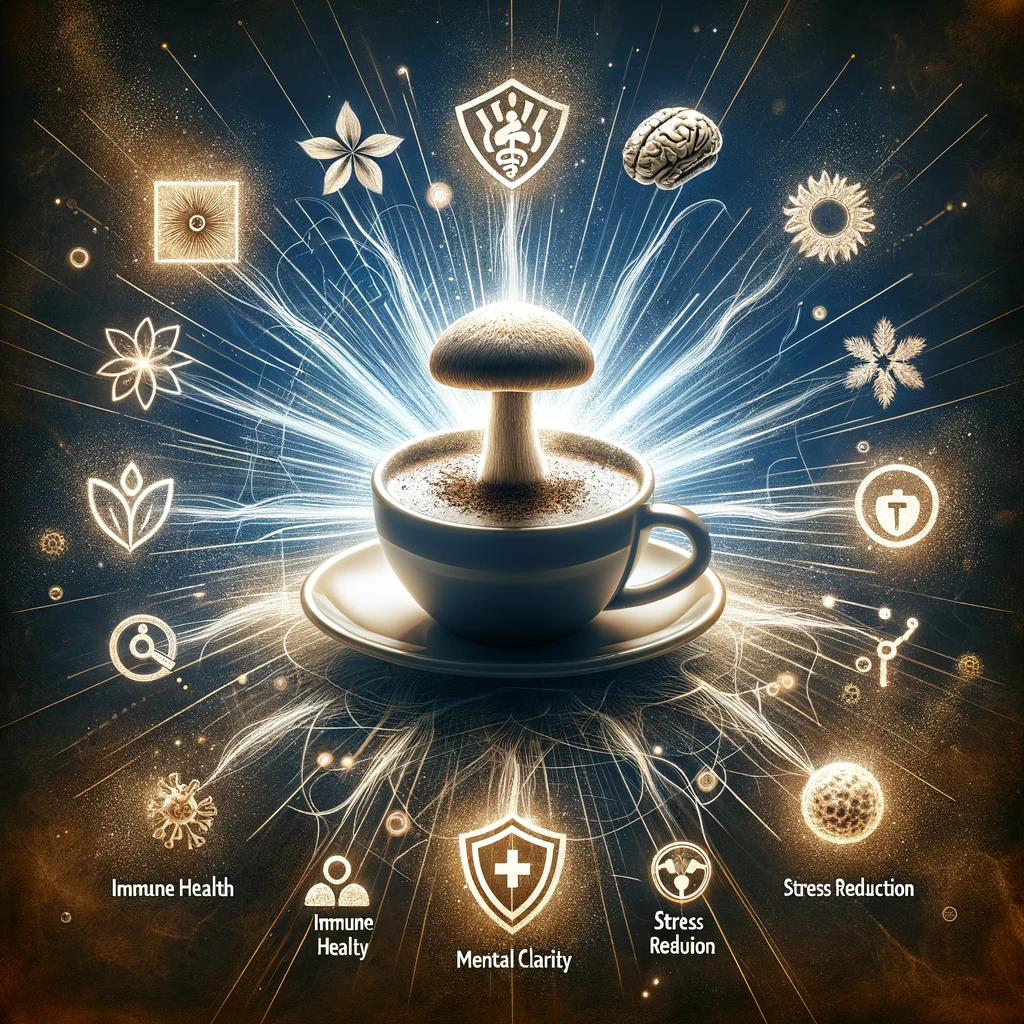 artistic image that visually represents the health benefits of mushroom coffee. It features a cup of mushroom coffee with radiant lines emanating from it, symbolizing energy and wellness. Surrounding the cup are icons representing immune health, mental clarity, and stress reduction, like a shield, a brain, and a peaceful symbol. This image aims to convey the health benefits of mushroom coffee in a visually appealing and symbolic manner.
