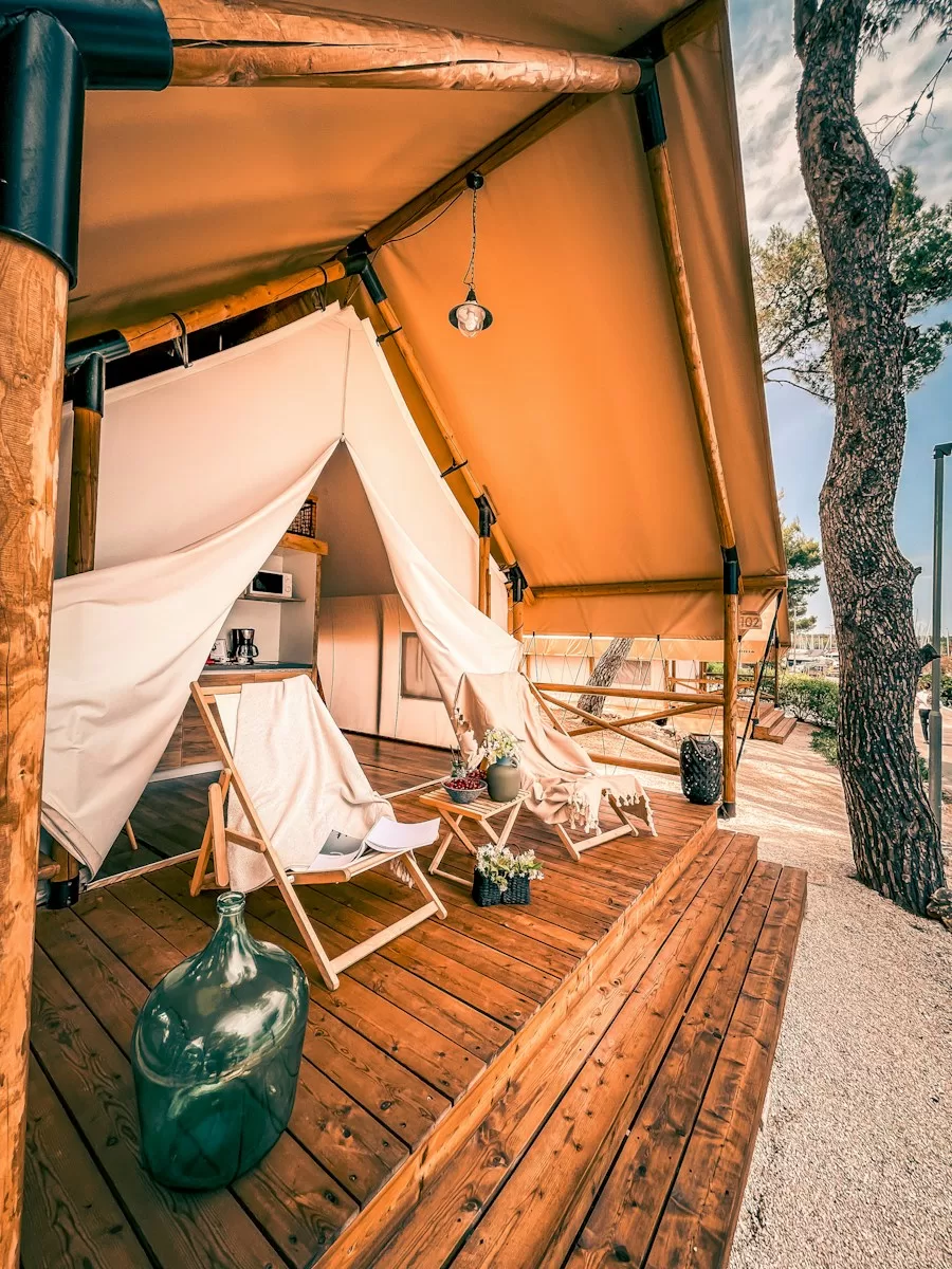 white and brown patio umbrella glamping in mexico