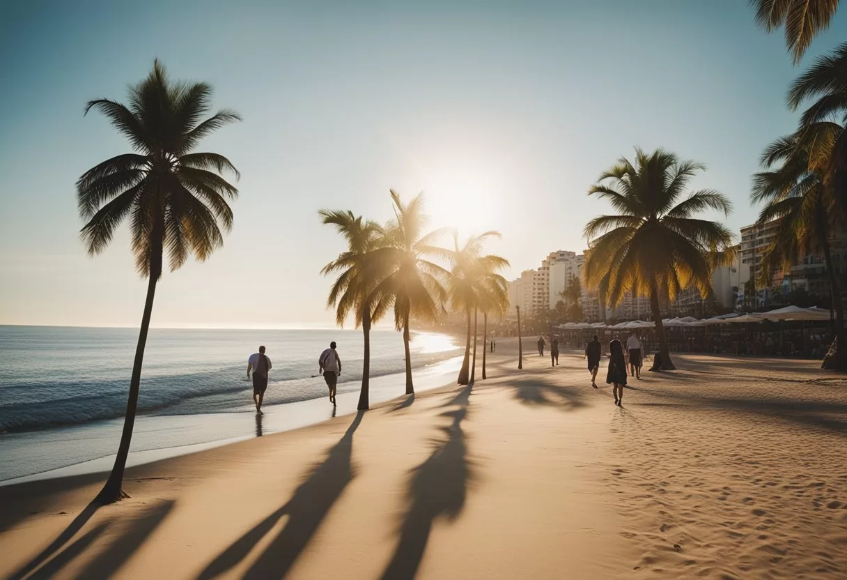 A sunny beach with palm trees casting long shadows, a clock showing the time change, and people enjoying the extra daylight in Puerto Vallarta