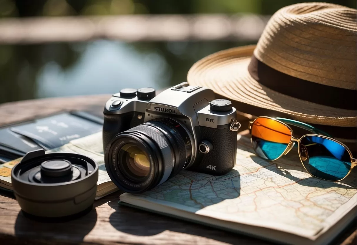 A table with a sun hat, sunscreen, sunglasses, a map, a camera, a water bottle, and a passport
