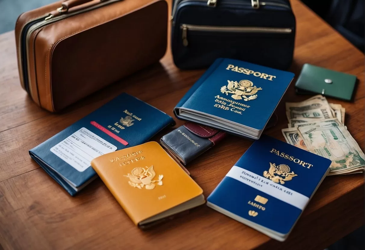 A passport, boarding pass, and travel insurance card lay on a table next to a packed suitcase, sunscreen, and a guidebook