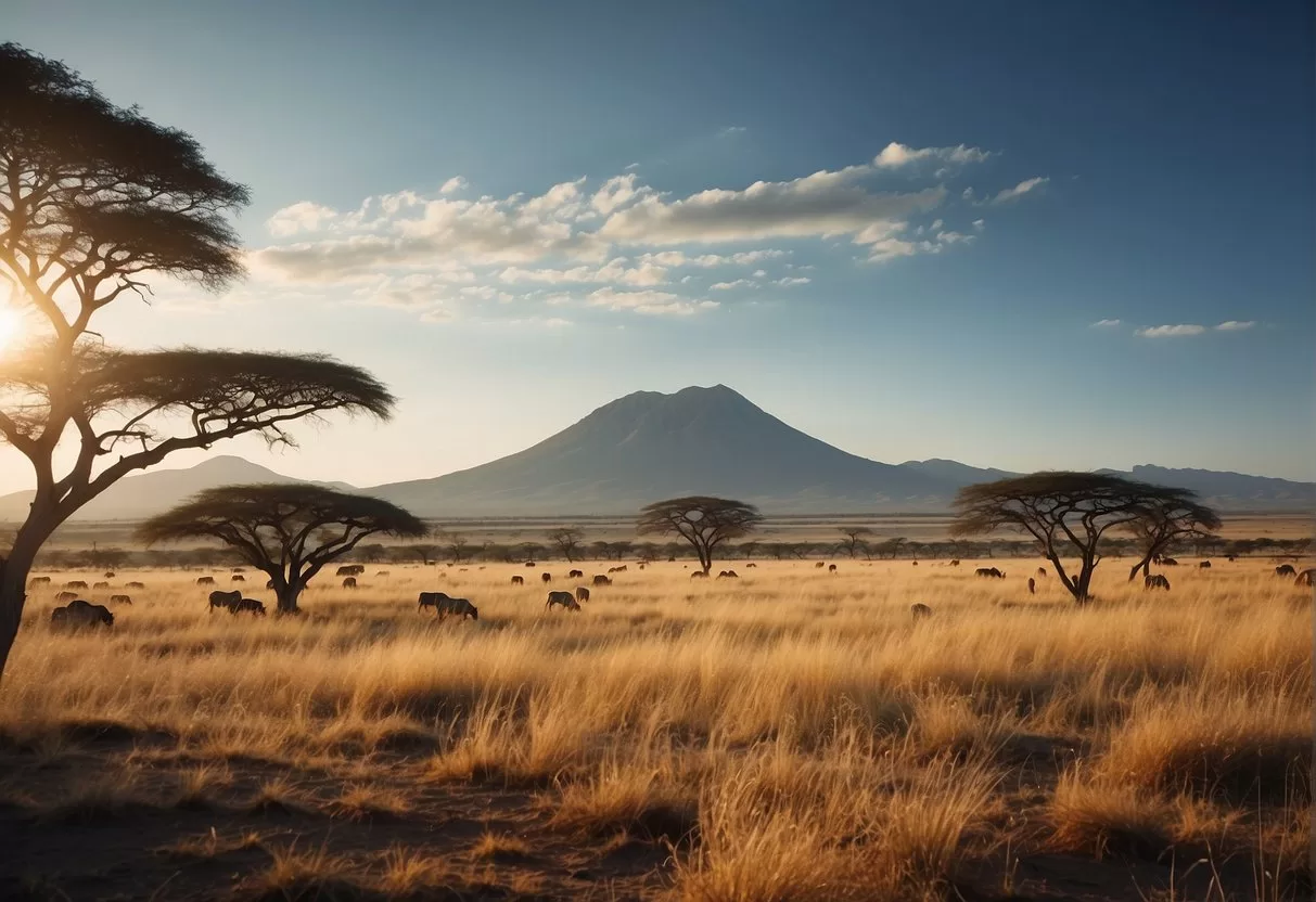 Vast savanna with grazing wildlife, acacia trees, and distant mountains under a clear blue sky