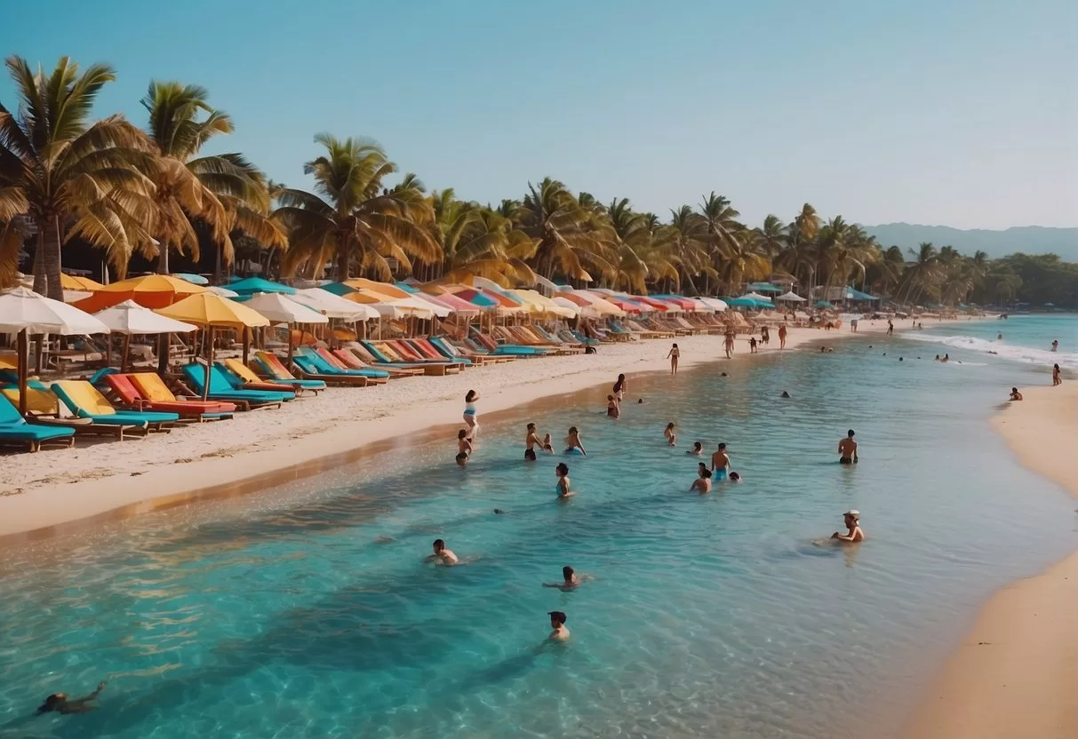 Vibrant beach with clear blue waters, palm trees, and colorful umbrellas. Sun shining brightly in a cloudless sky, with people enjoying water activities and relaxing on the sand