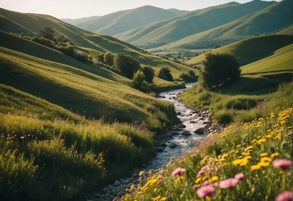 Lush green rolling hills with colorful wildflowers, a charming cobblestone village nestled in a valley, and a crystal-clear river winding through the picturesque landscape
