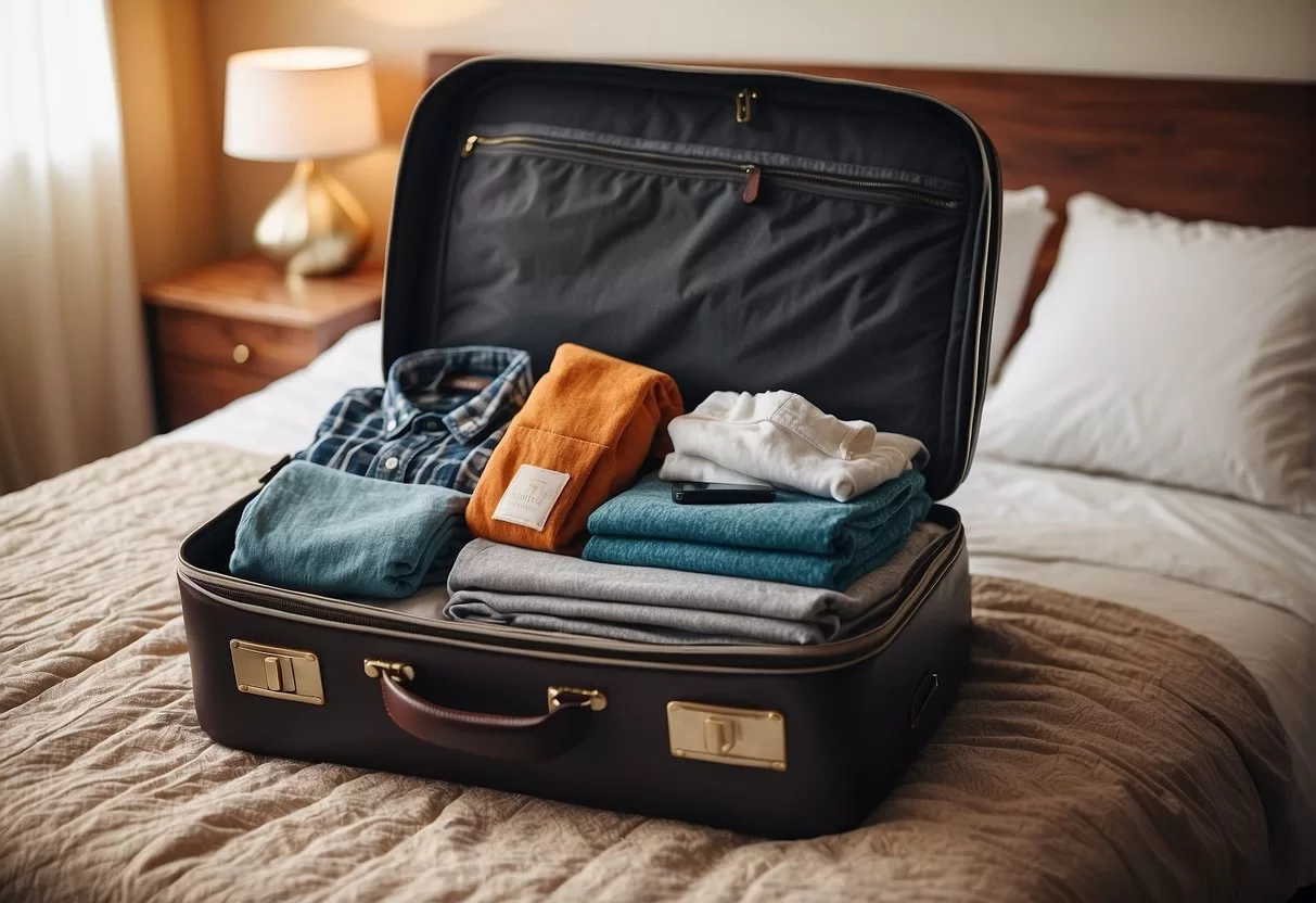 A suitcase open with neatly folded clothes, toiletries, and travel essentials laid out on a bed ready to be packed for a trip to Mexico