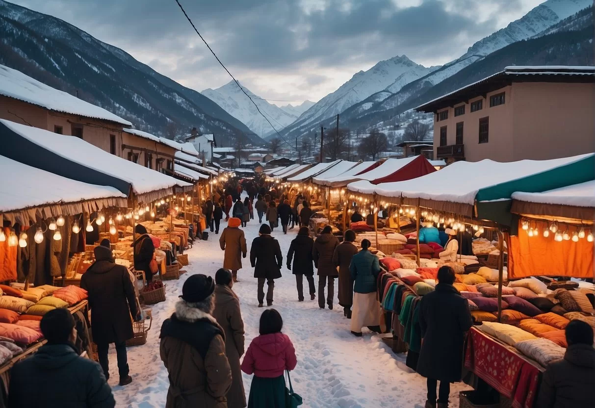 A bustling marketplace filled with colorful textiles, traditional crafts, and historic landmarks, set against a backdrop of snow-capped mountains and vibrant February skies