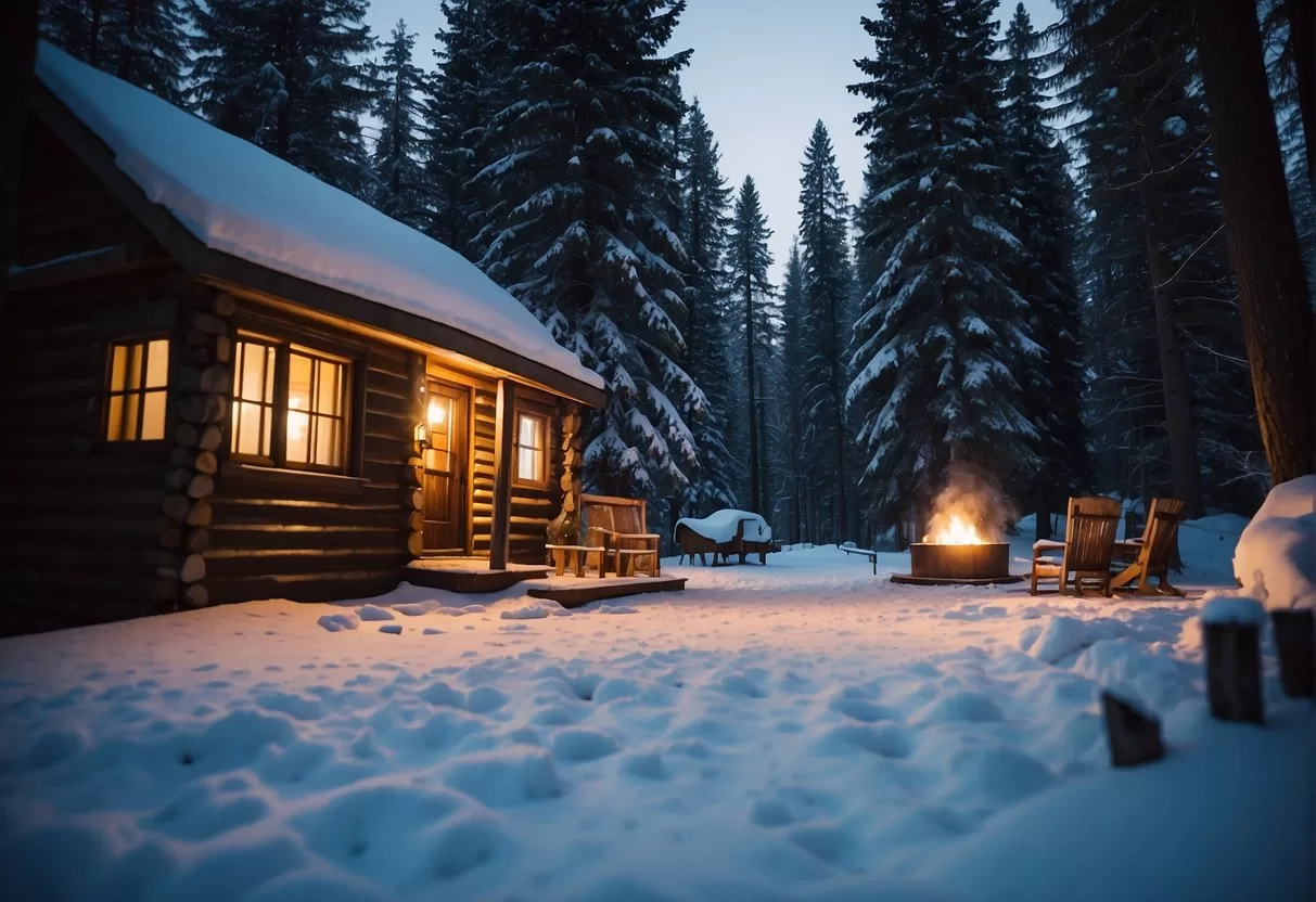 A cozy cabin nestled in a snowy forest, with a crackling fire and a hot tub outside under the stars Best Places to Travel in February