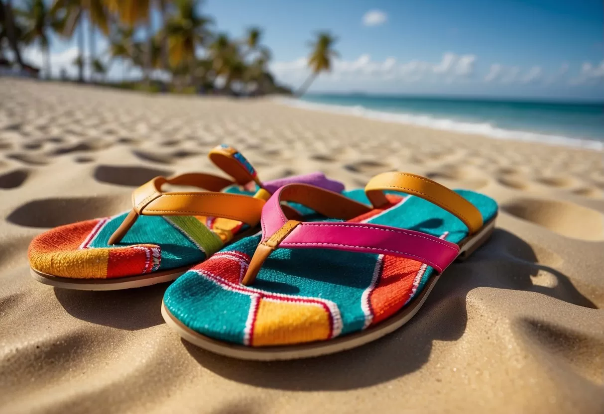 Brightly colored traditional Mexican clothing and sandals scattered on a sandy beach with palm trees in the background