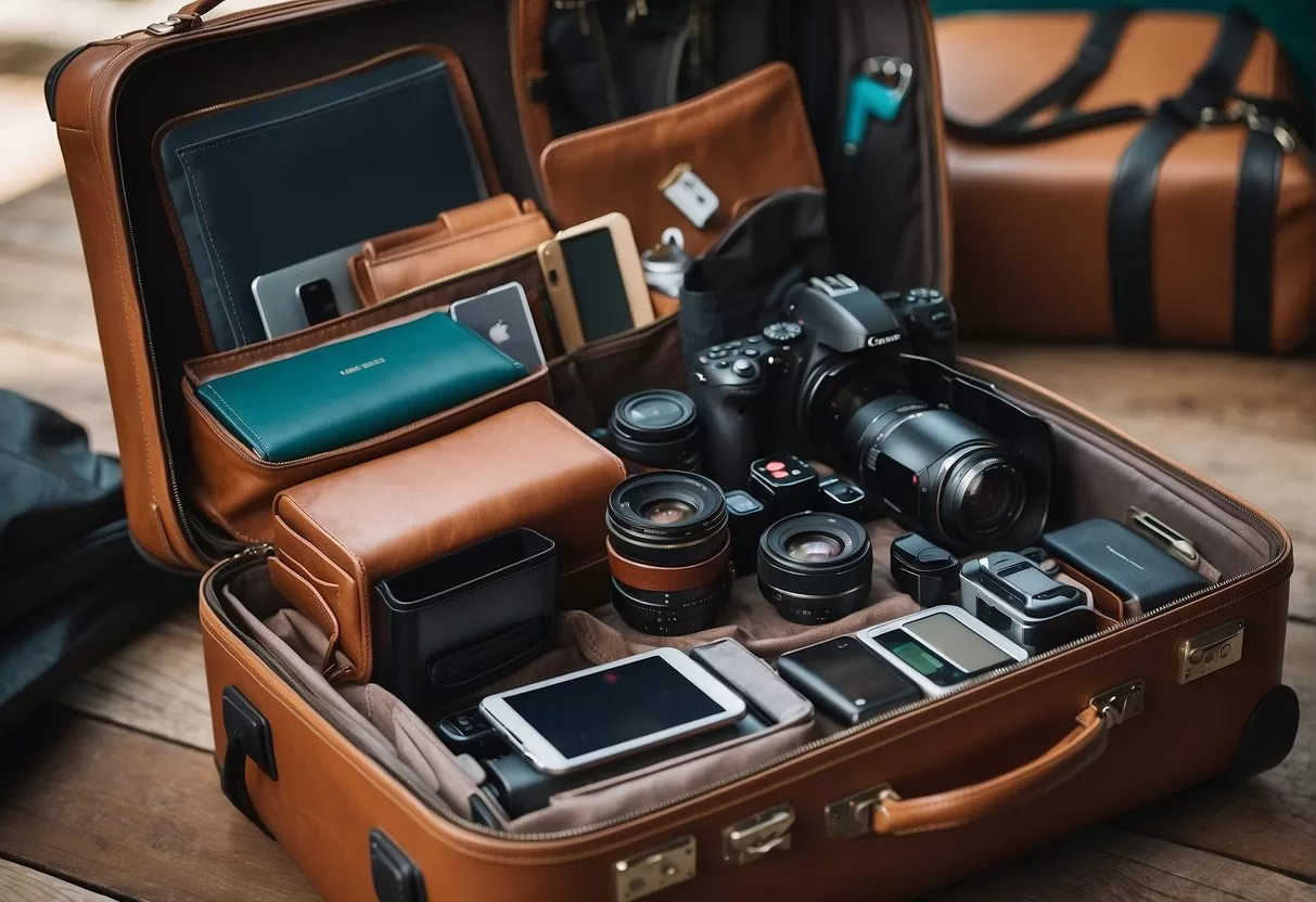 A suitcase open, filled with tech gadgets and entertainment items, surrounded by travel essentials for Mexico
