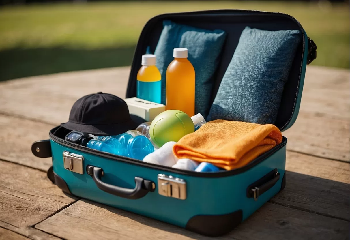 A suitcase open with neatly packed health and wellness items, including sunscreen, vitamins, a water bottle, and workout clothes