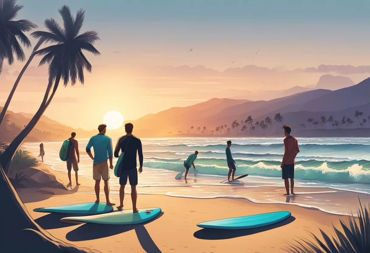 Surfers gather at sunrise on a sandy beach, checking the waves and preparing their boards for a day of adventure in Puerto Vallarta surfing