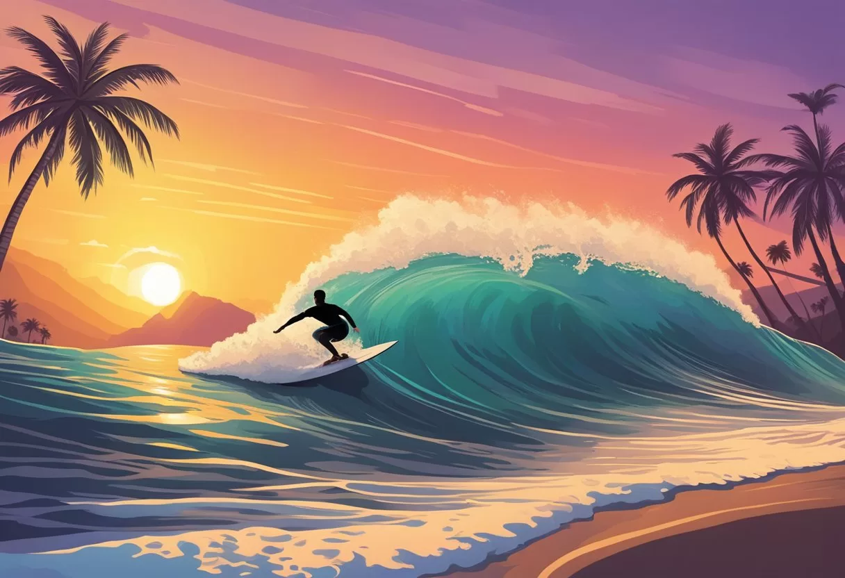 The surfer rides a wave in Puerto Vallarta, with palm trees and a colorful sunset in the background