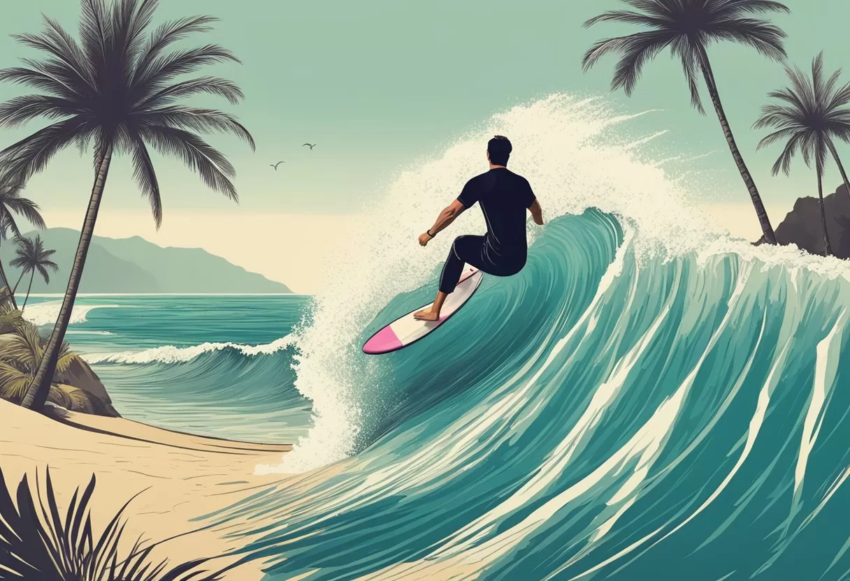 A surfer rides a wave in Puerto Vallarta, with palm trees and a sandy beach in the background