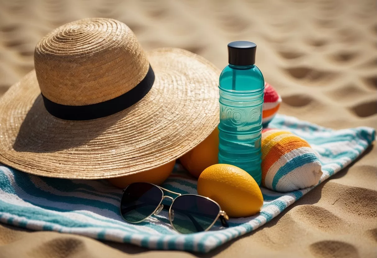 A beach bag with sunscreen, wide-brimmed hat, sunglasses, and water bottle laid out on a sandy towel