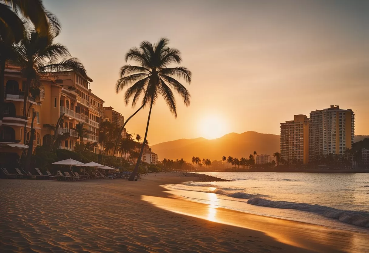 The sun sets over the tranquil Puerto Vallarta beach, casting a warm glow on the palm trees and colorful buildings lining the shore