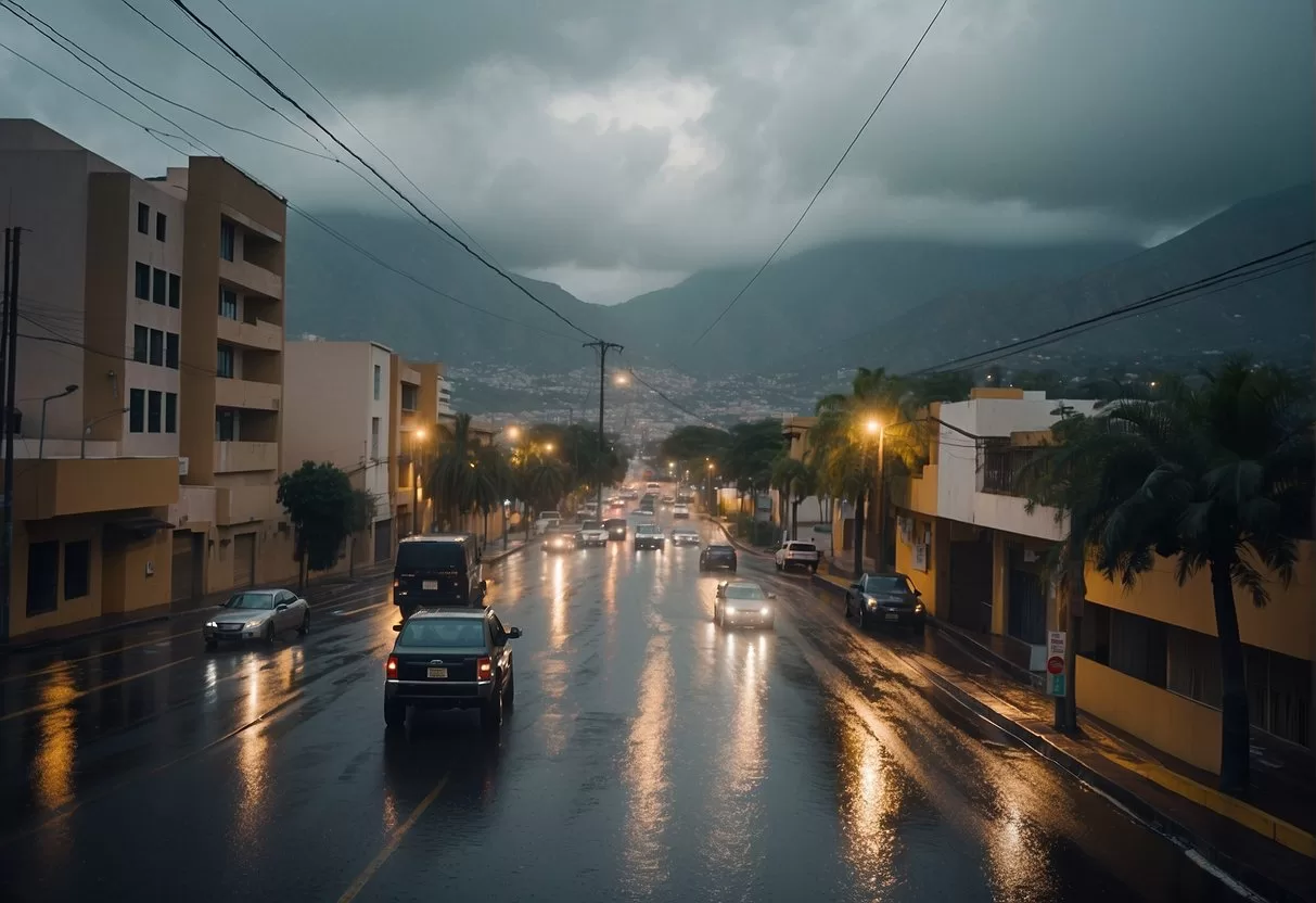 The scene shows a cityscape of Monterrey, Mexico with heavy rain and strong winds impacting safety