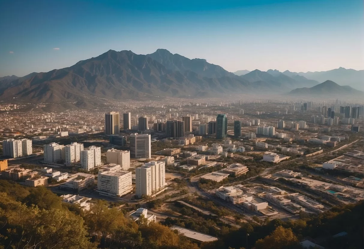 A serene cityscape of Monterrey, Mexico with vibrant colors and clear skies, showcasing the peaceful and safe environment of the region