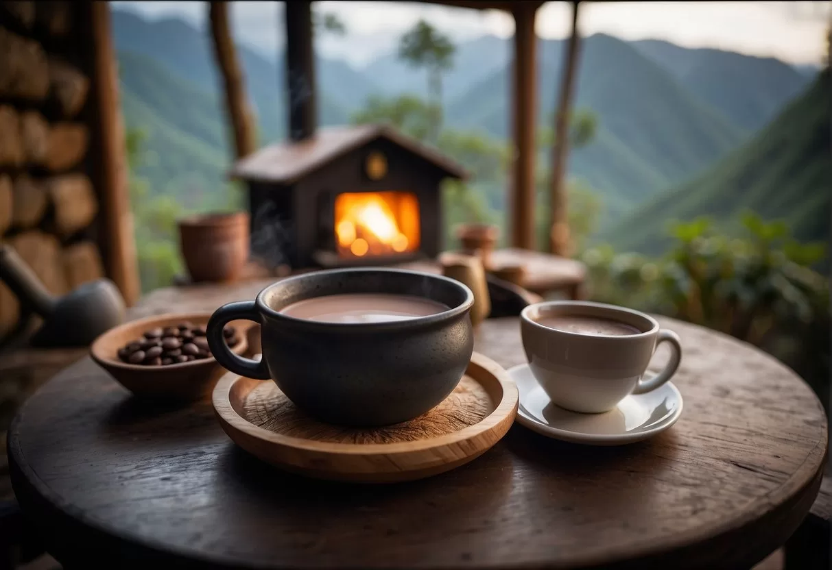 A cozy cabin nestled in the misty mountains of San Jose del Pacifico. A crackling fireplace warms the room as a pot of steaming hot chocolate sits on the table