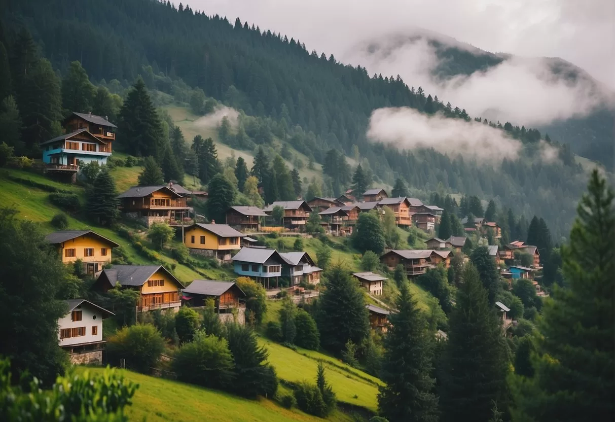 A misty mountain village with colorful houses nestled among lush green hills, surrounded by towering pine trees and enveloped in a cool, foggy climate