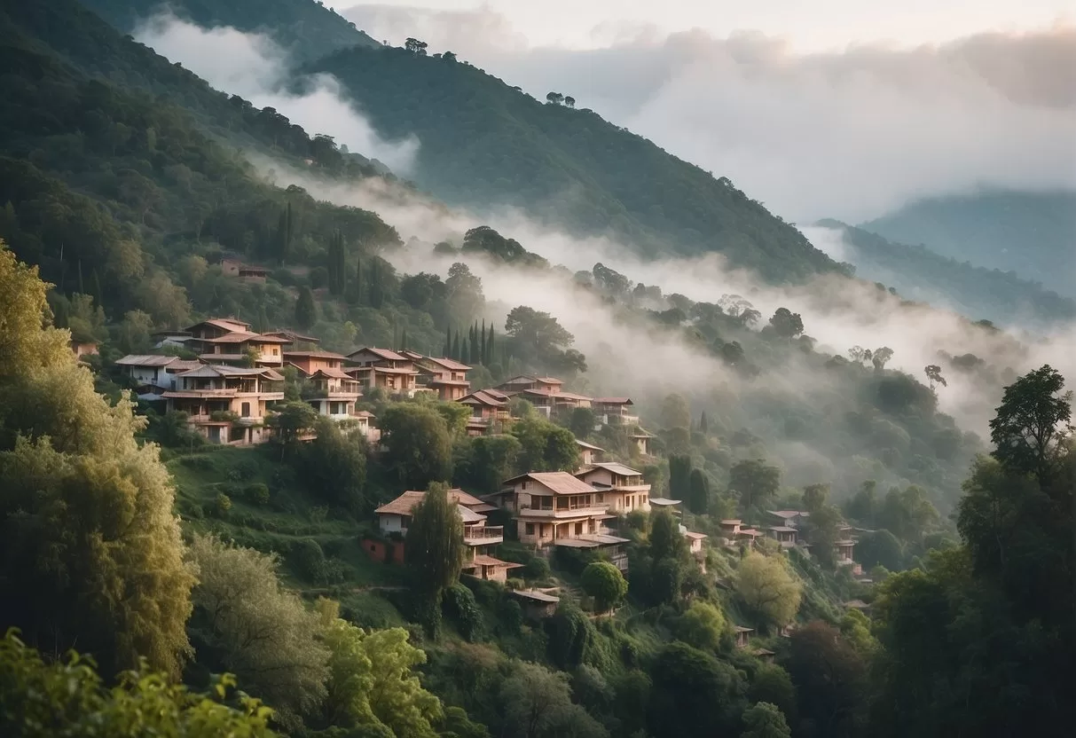 A misty mountain village with colorful adobe houses nestled among lush greenery, with wisps of fog weaving through the trees