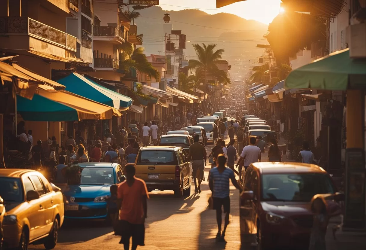 A bustling Puerto Vallarta street at sunset, filled with vibrant colors and diverse people of all ages and backgrounds. The sun casts a warm glow over the scene, as the sounds of music and chatter fill the air