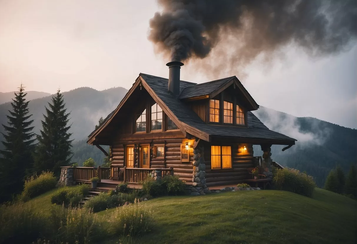 A cozy cabin nestled in the misty mountains, surrounded by lush greenery. Smoke rises from the chimney, and a warm glow emanates from the windows
