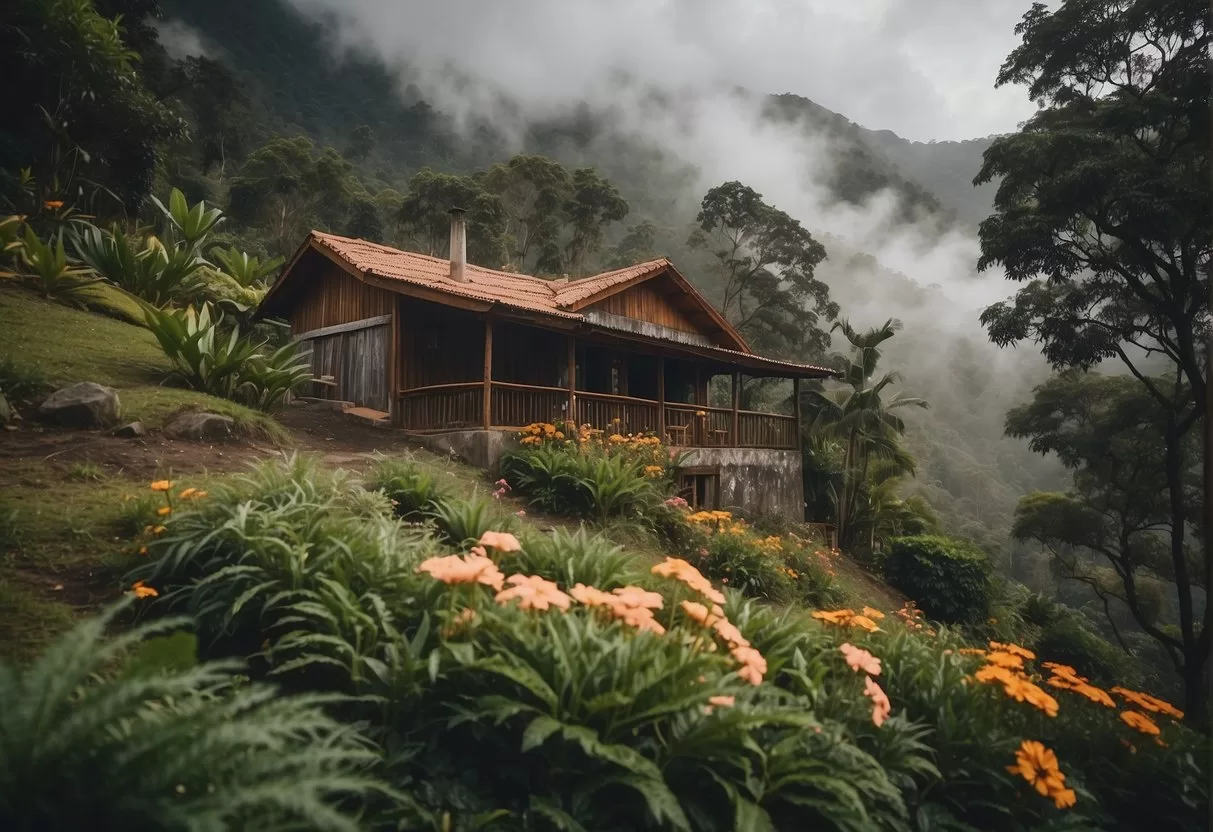 A cozy cabin nestled in the misty mountains of San Jose del Pacifico, surrounded by lush greenery and vibrant flowers. Smoke rises from a chimney, hinting at a warm fire inside