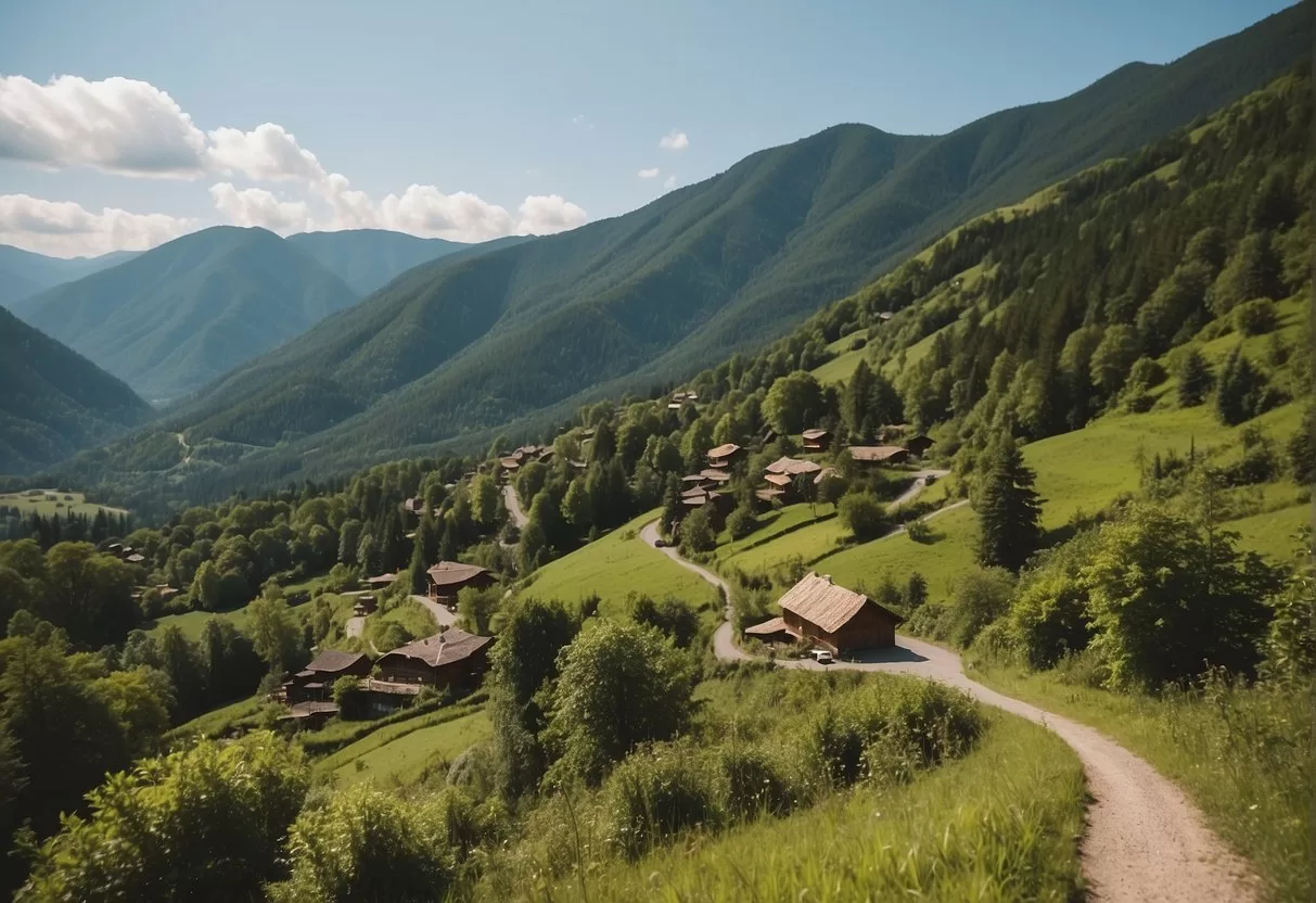 Lush green mountains overlook a tranquil village. A winding road leads to a cozy cabin surrounded by tall trees and a clear blue sky