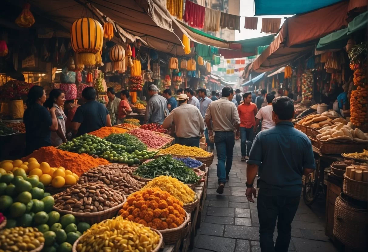 Colorful market stalls line the bustling streets of Guadalajara, filled with traditional handicrafts, vibrant textiles, and delicious street food. The air is filled with the sounds of lively music and the chatter of locals and tourists alike