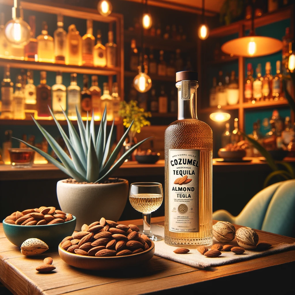 Best Almond Tequila bottle on desk with agave plant