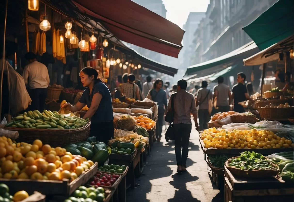 Busy market with colorful stalls, bustling crowds, and vendors selling fresh produce and handmade goods. The aroma of street food fills the air Guadalajara Market