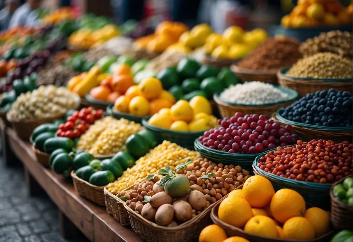 Vibrant market stalls display colorful fruits, vegetables, and traditional Mexican dishes. Aromatic spices and fresh ingredients fill the air