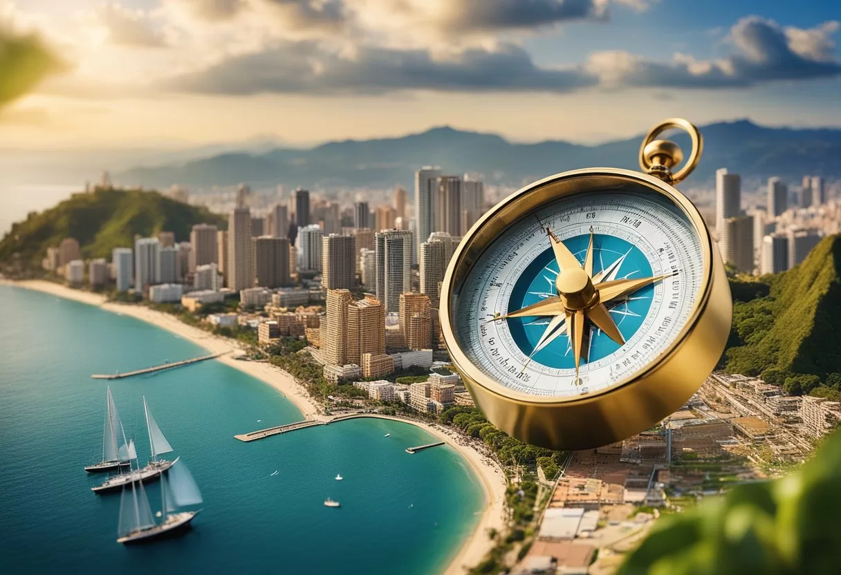 A map of Puerto Vallarta with a compass and navigational tools, set against a backdrop of the city's iconic landmarks and the ocean