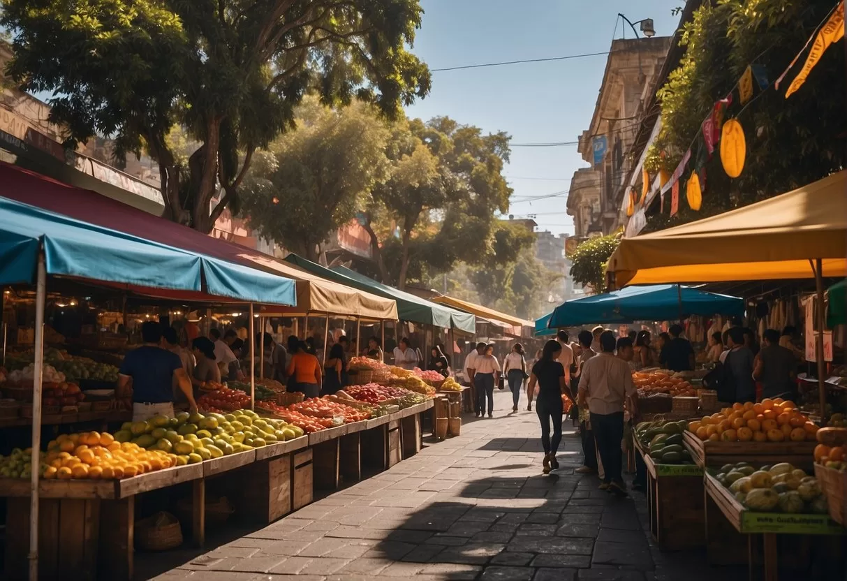 Colorful market stalls line the bustling streets of Guadalajara, with vibrant signs advertising local goods and attractions. The air is filled with the sounds of vendors calling out to passersby, creating a lively and energetic atmosphere